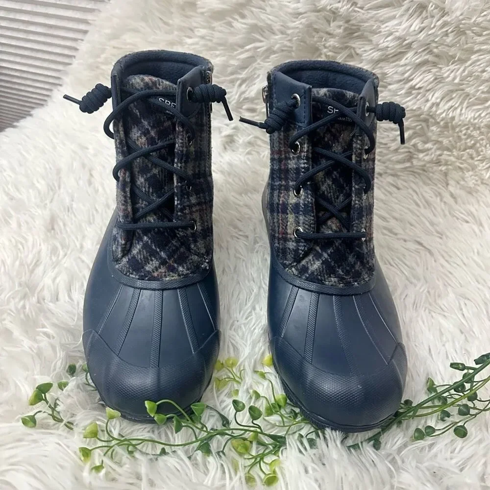 SPERRY Saltwater Wool Plaid Blue Duck Winter Rain‎ Ankle Boots Side Zip sz 8 NEW